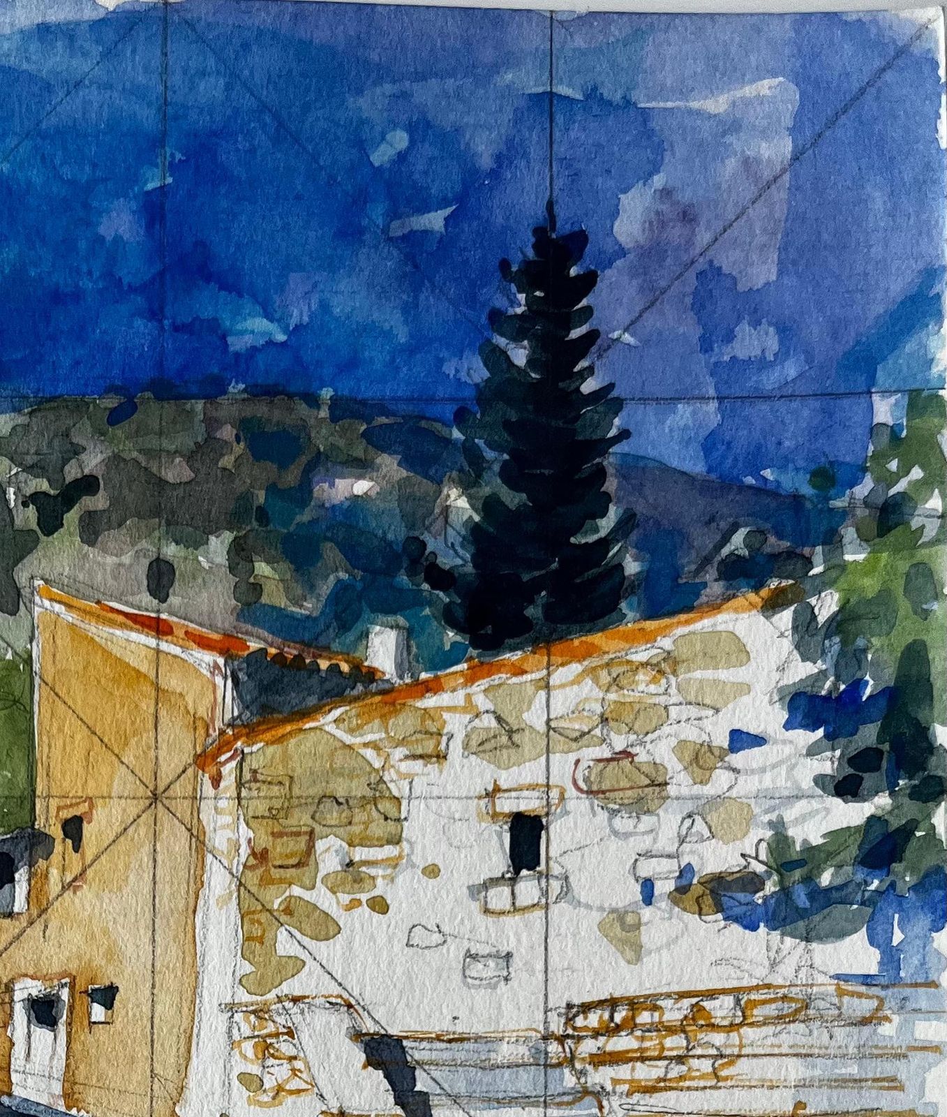 Pierre Neveurustrel Village Street With Stone Steps And Colourful Houses French Watercolour photo 440.0