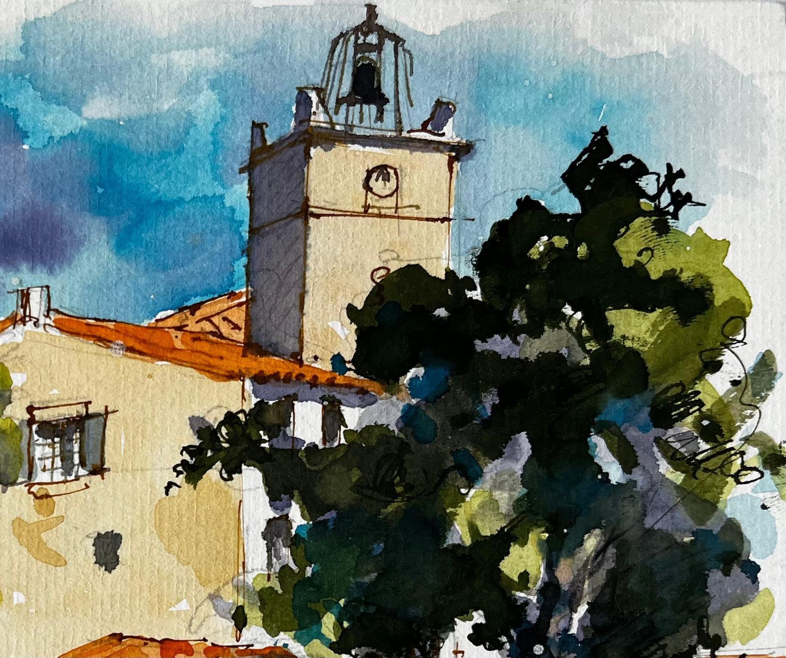 Pierre Neveuprovence Village Square With Bell Tower And Figures French Watercolour Painting photo for sale