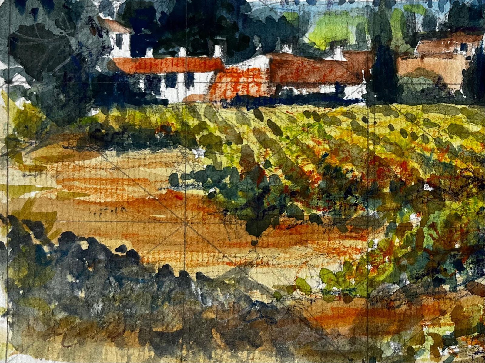 Pierre Neveuvaucluse Vineyard Landscape With Terracotta Farmhouses French Watercolour photo 489.0