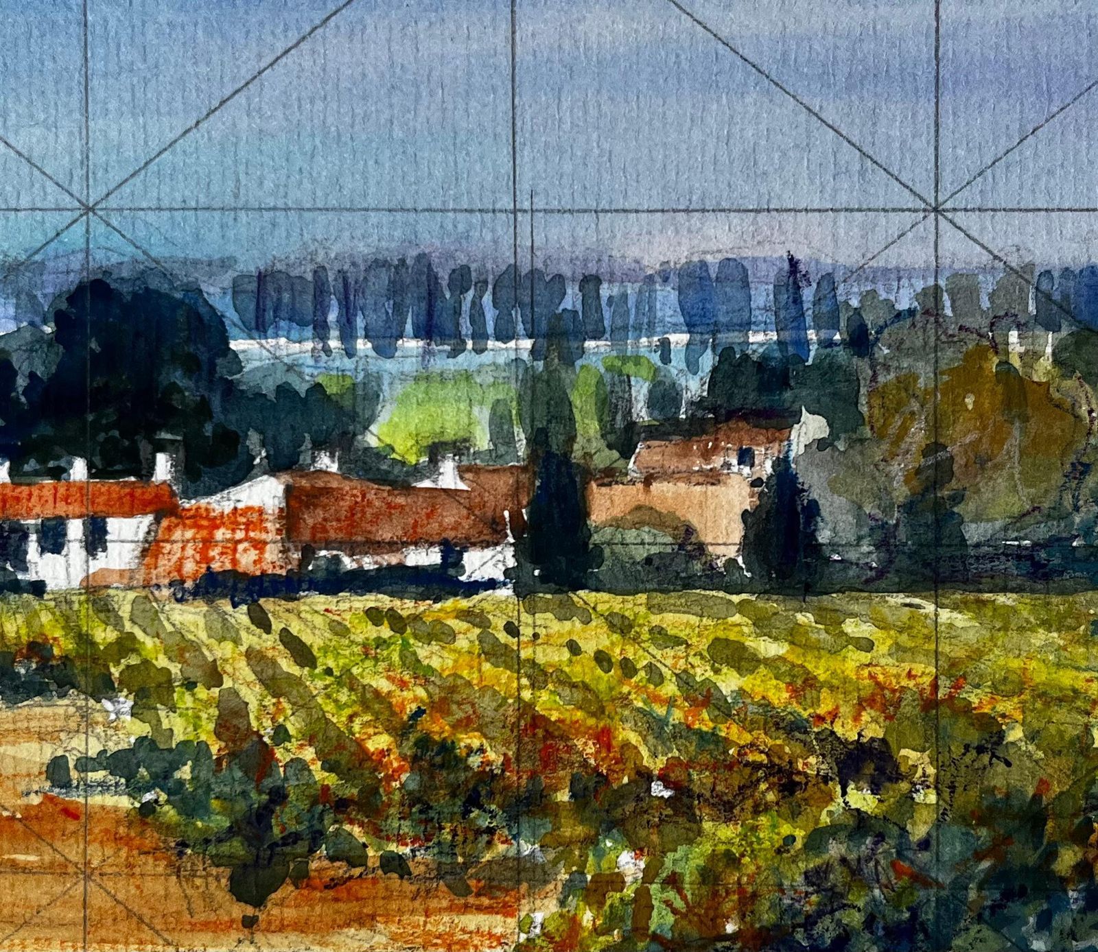 Pierre Neveuvaucluse Vineyard Landscape With Terracotta Farmhouses French Watercolour photo buy