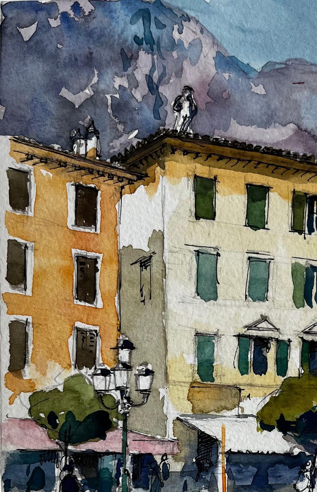 Pierre Neveuharbourfront With Yellow Facades And Moored Boat Italian Riviera Watercolour photo for sale