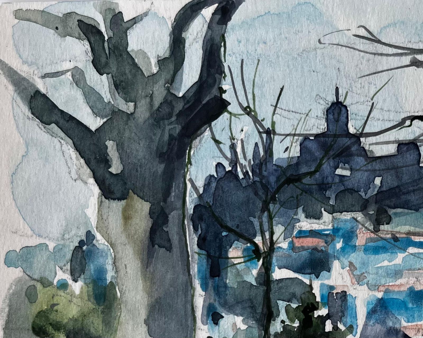 Pierre Neveuforcalquier Landscape With Trees And Distant Hilltop Village French Watercolour photo Art