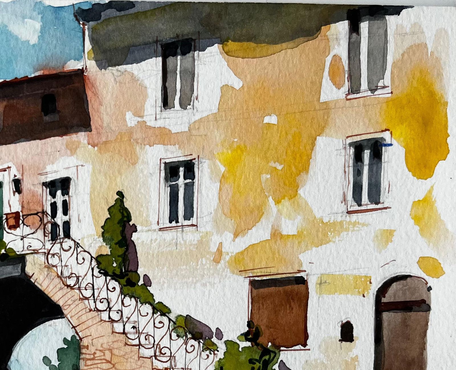 Pierre Neveusunlit Courtyard With Stone Arch And Balcony Italian Village Watercolour photo for sale