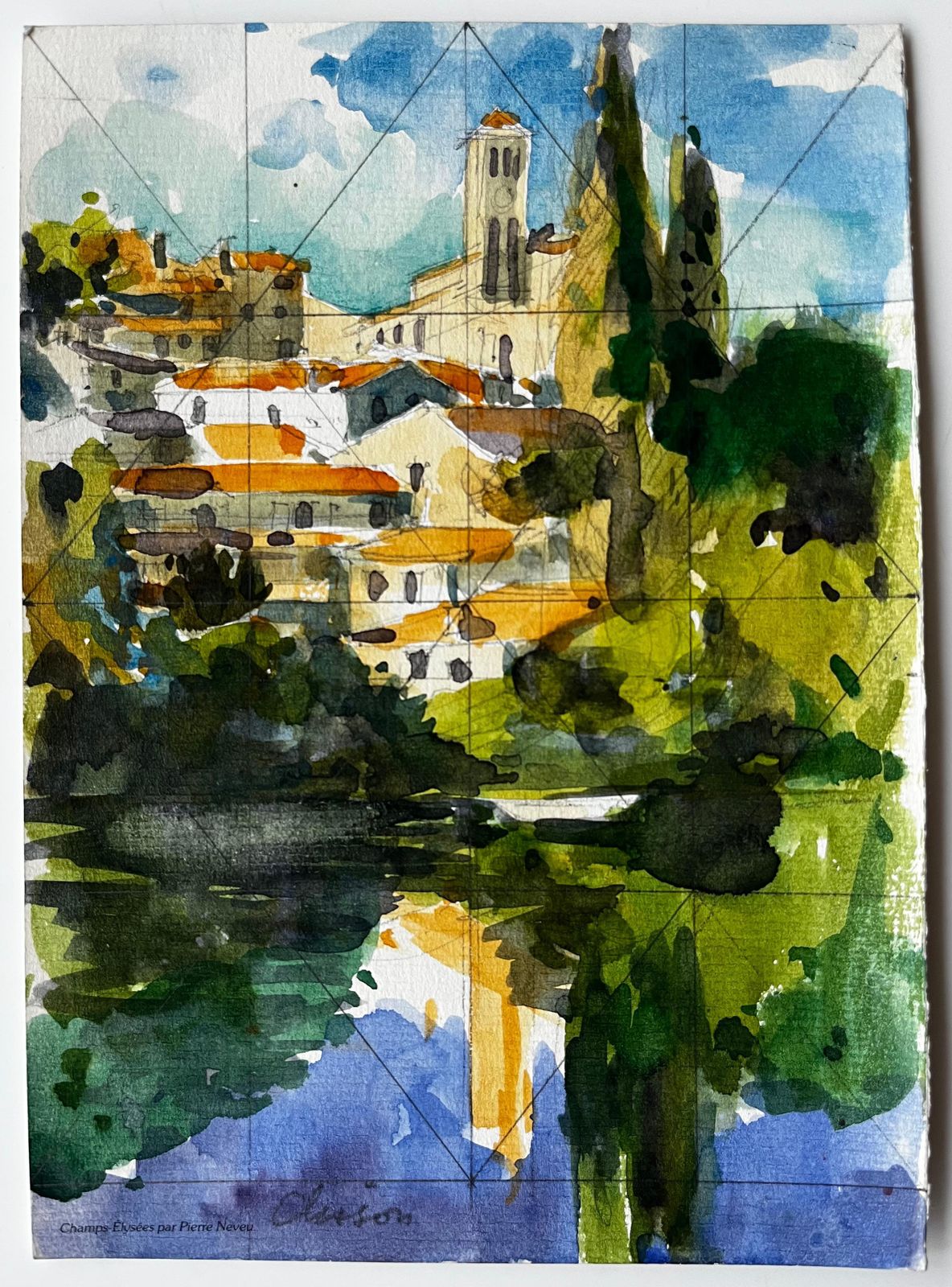Pierre Neveuclisson Hilltop Village With Church And River Reflection French Watercolour photo furniture