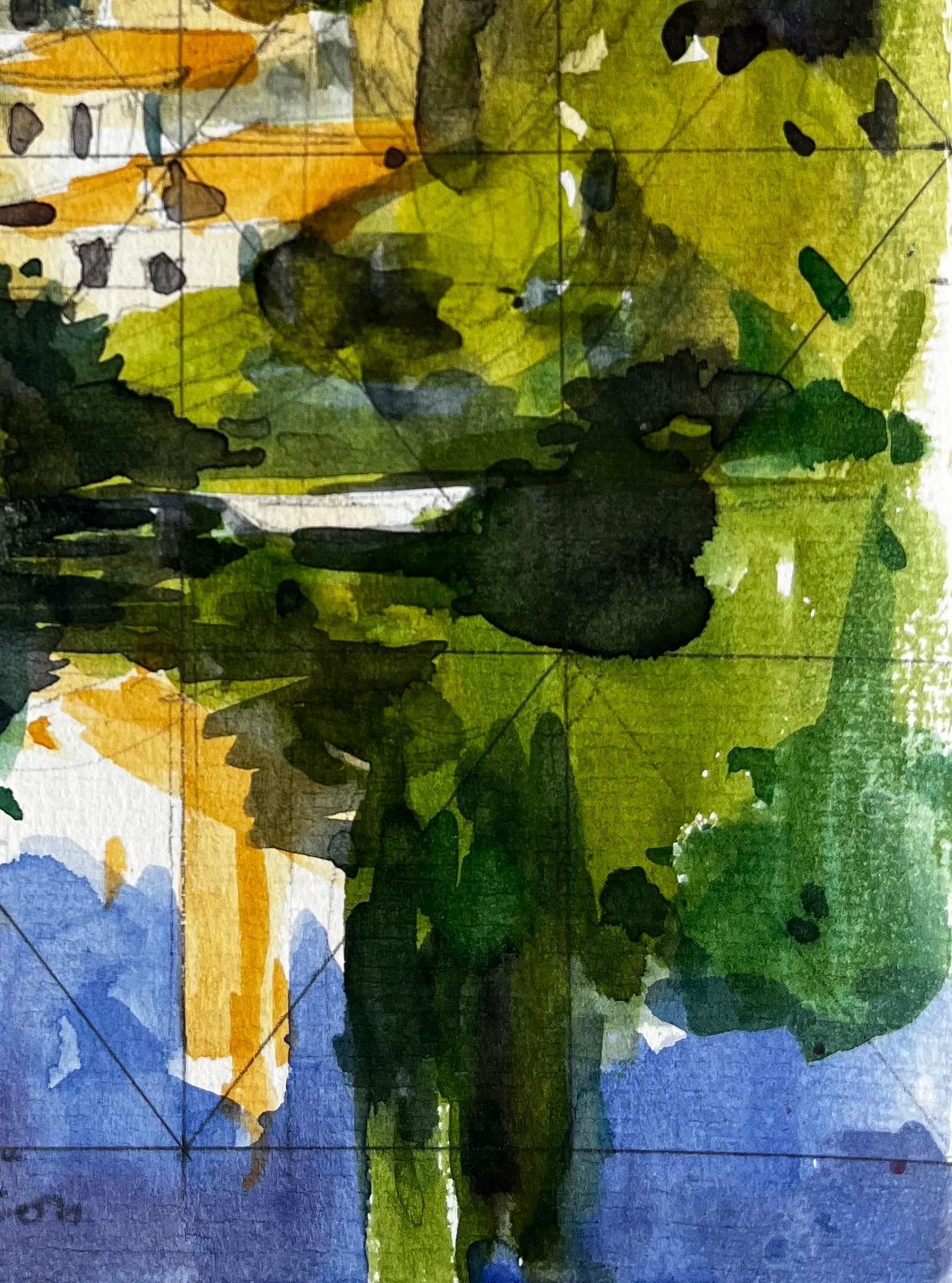 Pierre Neveuclisson Hilltop Village With Church And River Reflection French Watercolour photo 509.0