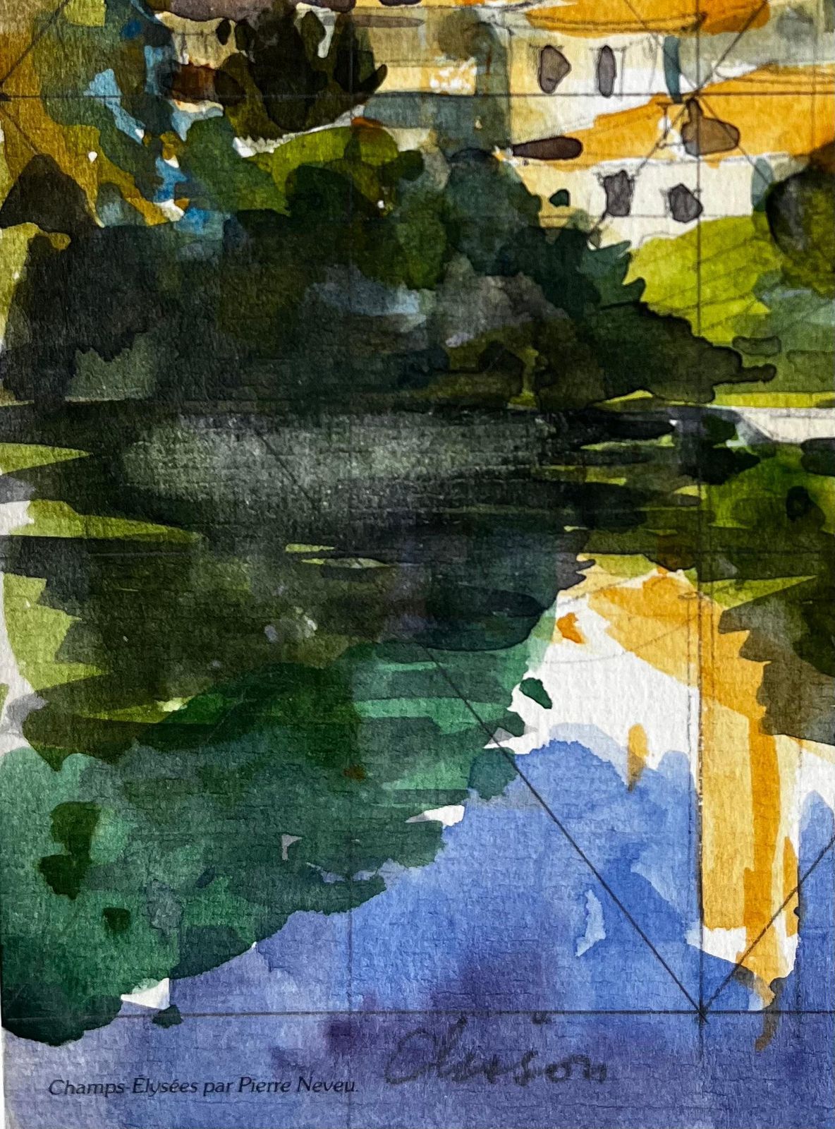 Pierre Neveuclisson Hilltop Village With Church And River Reflection French Watercolour photo vinterior
