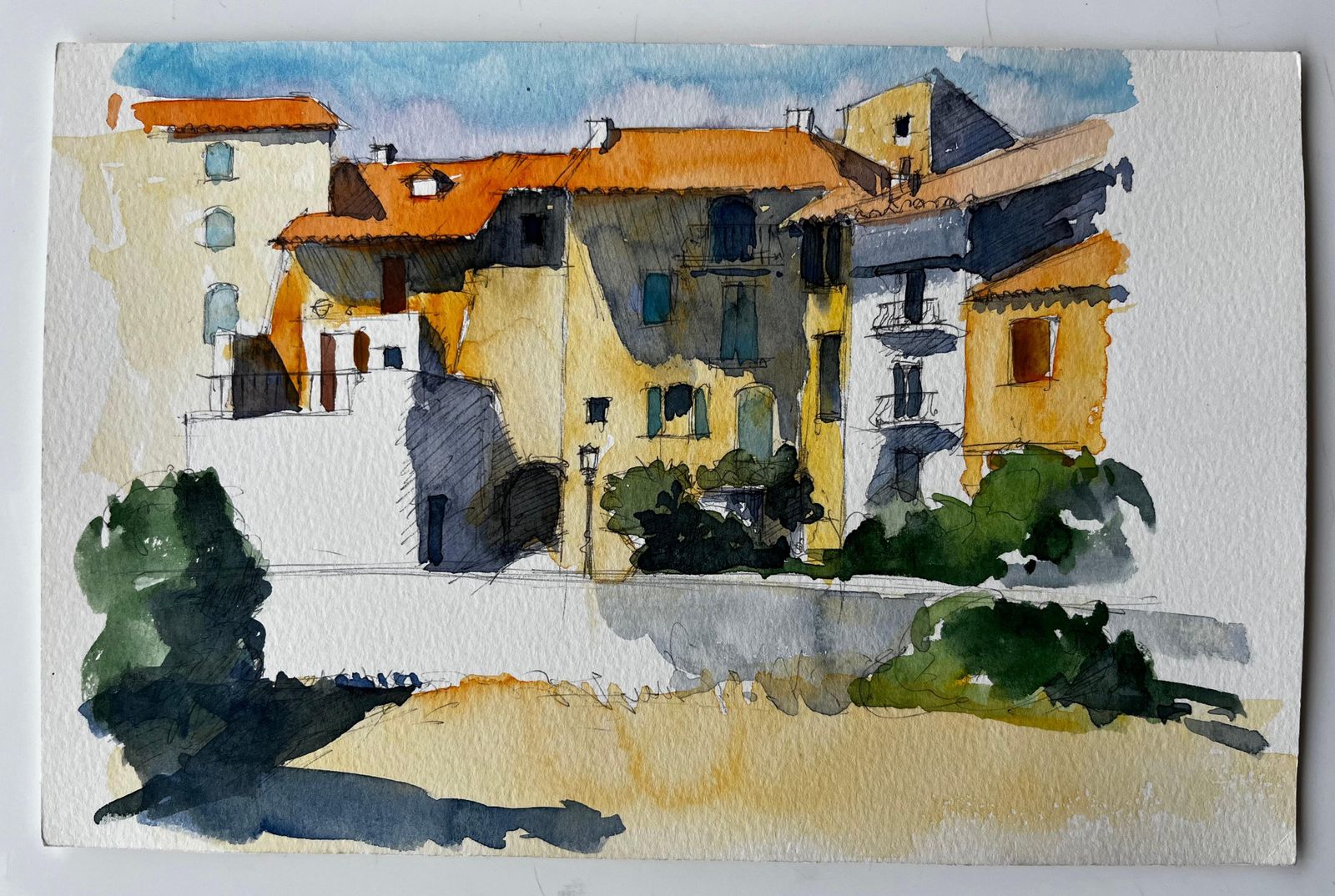 Pierre Neveusunlit Provence Village With Terracotta Roofs French Watercolour photo furniture
