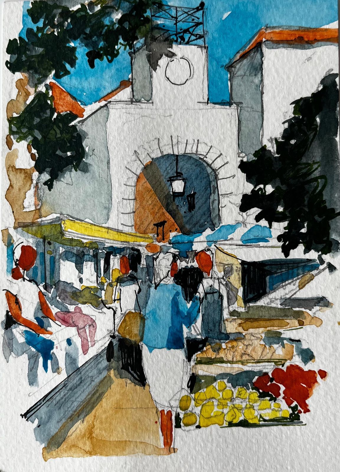 Pierre Neveumediterranean Market Scene With Clock Tower And Shaded Stalls In Southern France