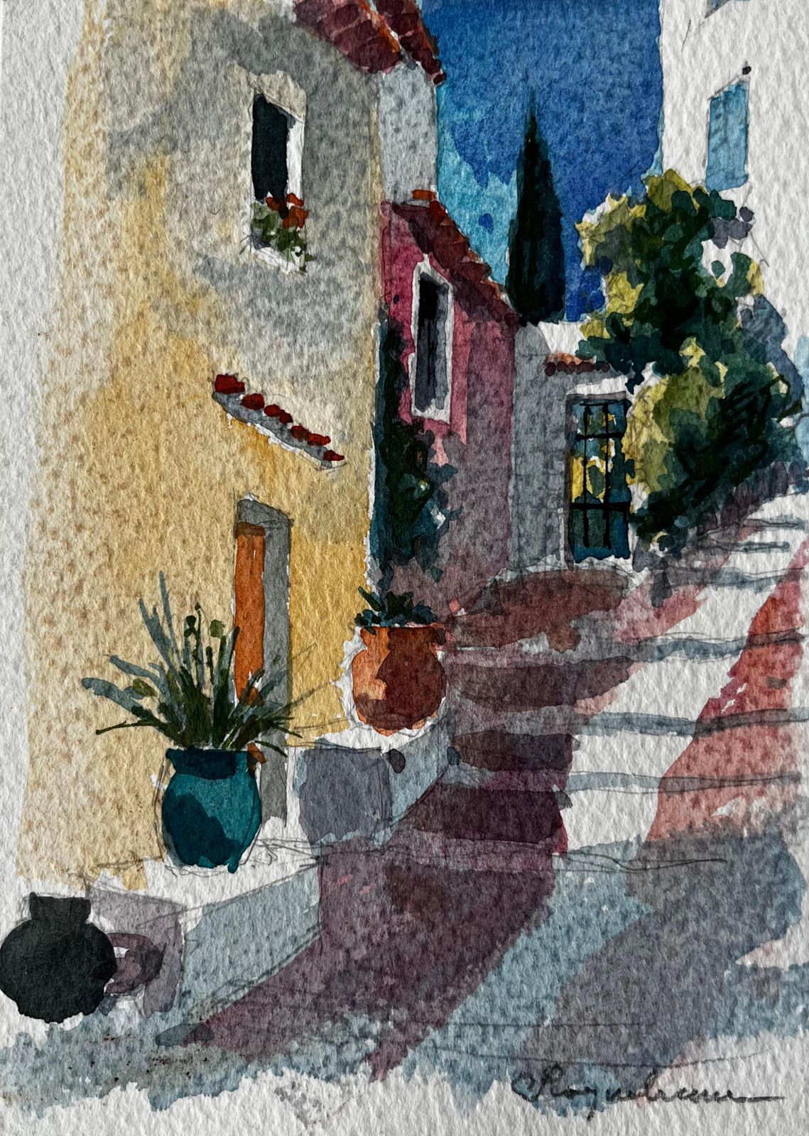 Pierre Neveusunlit Street With Terracotta Pots And Steps In Roquemaure French Village