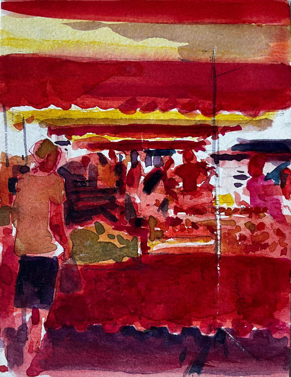 Pierre Neveuprovençal Market Scene Under Red And Yellow Awnings French Riviera Study