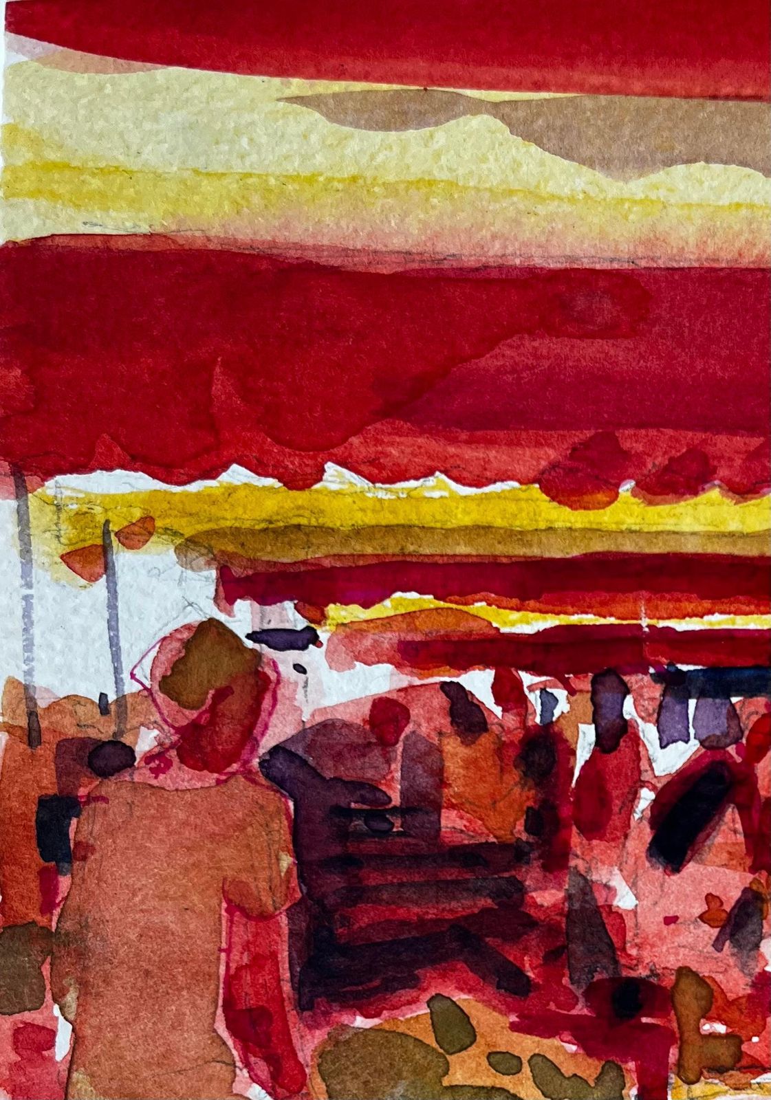 Pierre Neveuprovençal Market Scene Under Red And Yellow Awnings French Riviera Study photo for sale