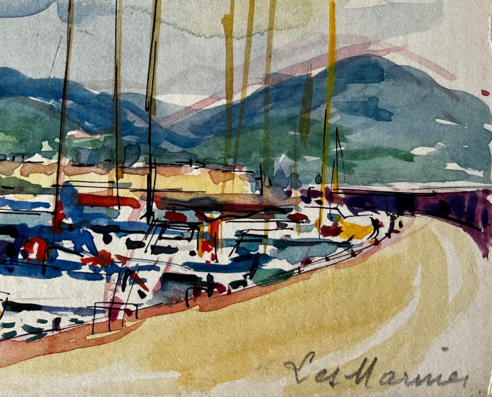 Pierre Neveules Marines French Riviera Harbour With Sailboats And Distant Mountains photo Art