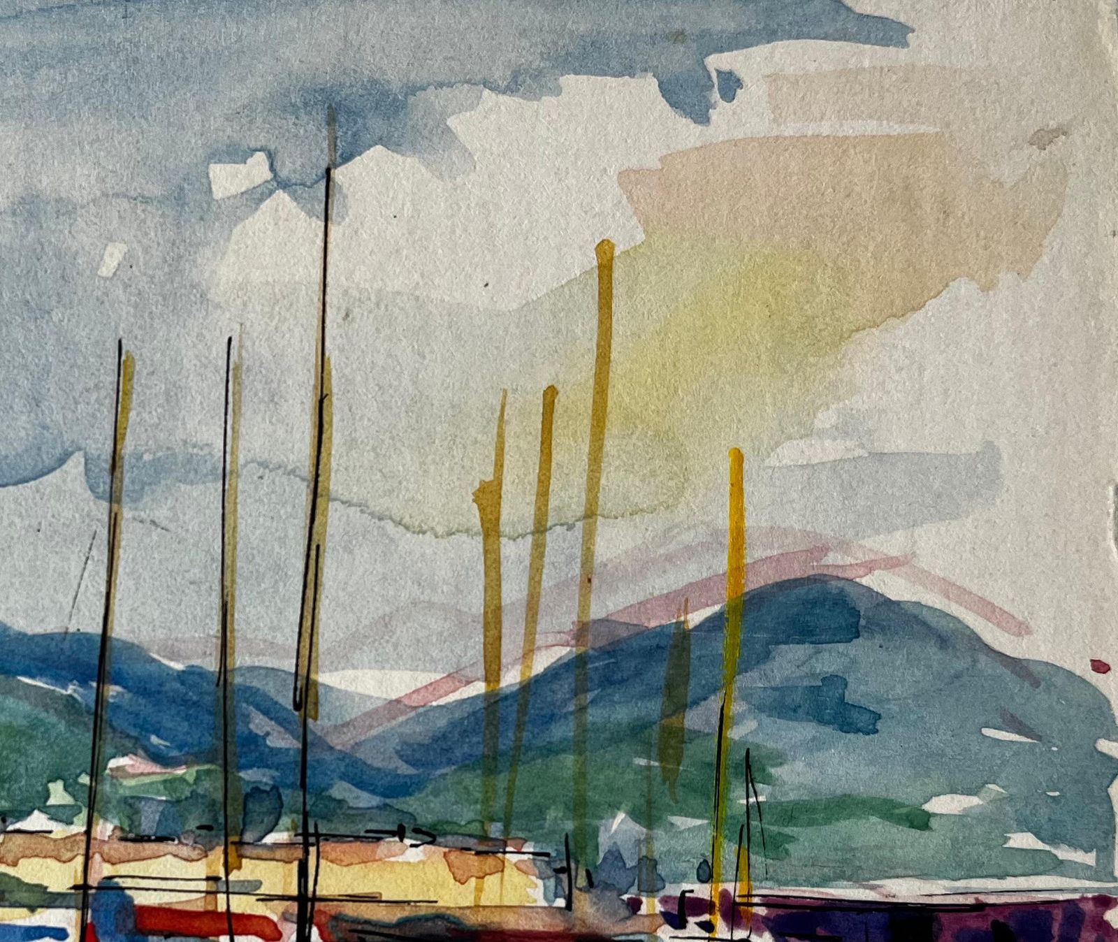 Pierre Neveules Marines French Riviera Harbour With Sailboats And Distant Mountains photo 438.0