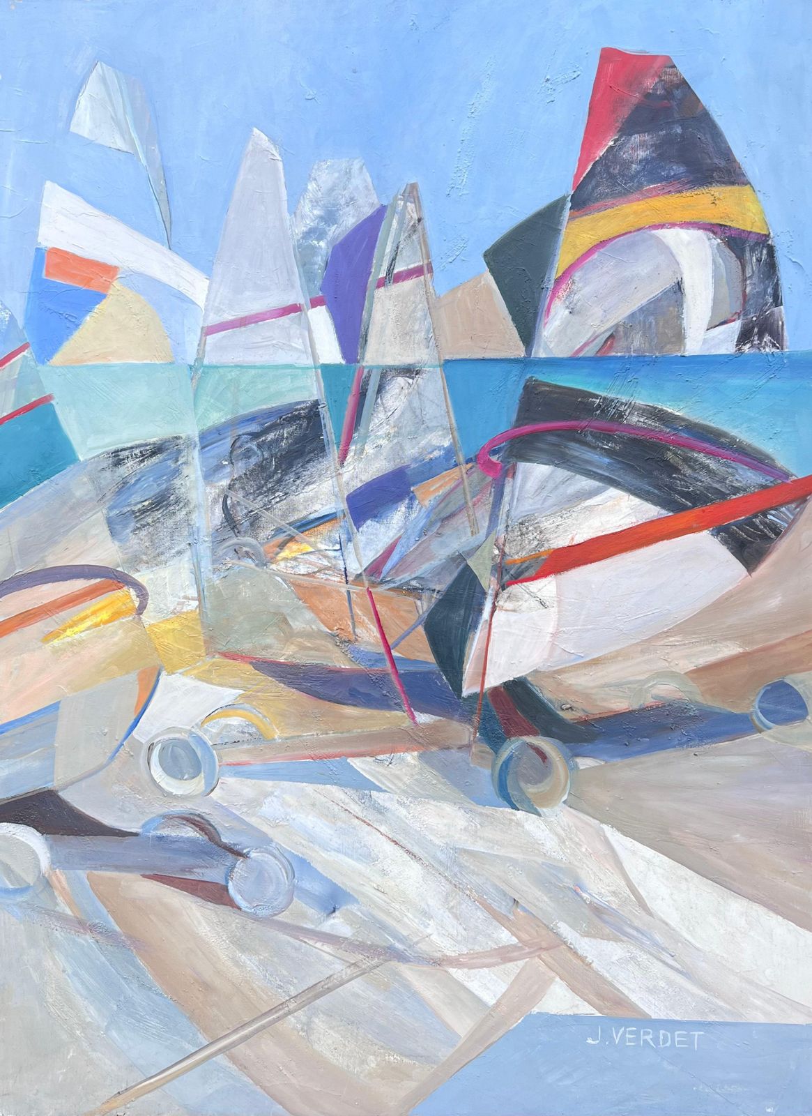 Jacqueline Verdet (1931 2023)huge French Contemporary Modernist Abstract Oil Painting Sailing Yachts At Sea