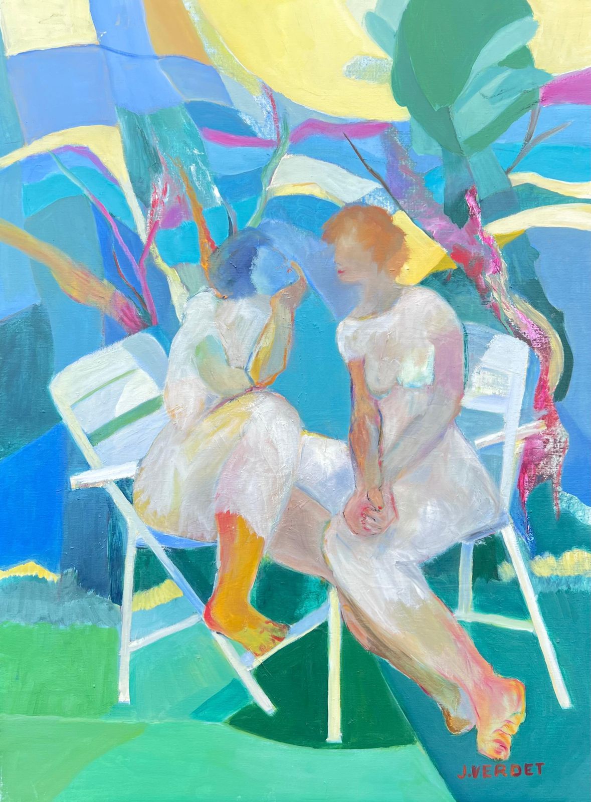 Jacqueline Verdet (1931 2023)huge French Contemporary Modernist Abstract Oil Painting Ladies Chatting Garden