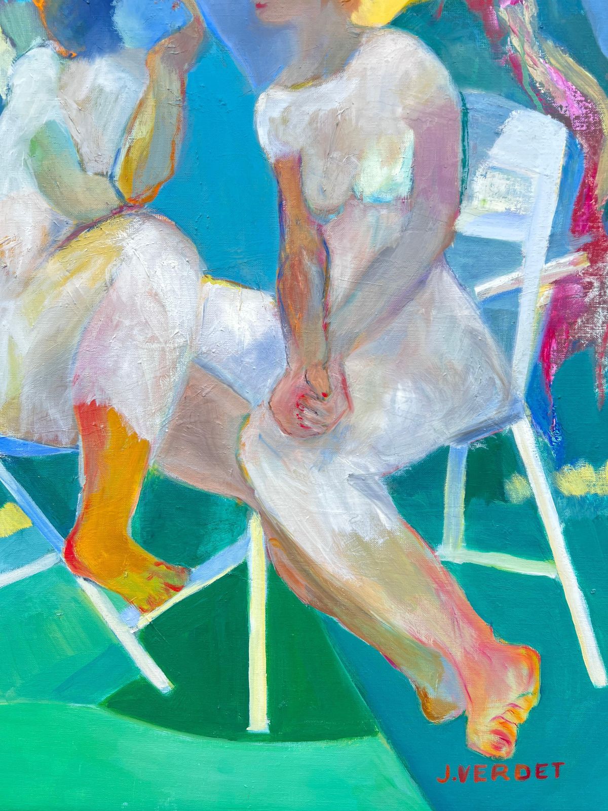 Jacqueline Verdet (1931 2023)huge French Contemporary Modernist Abstract Oil Painting Ladies Chatting Garden photo Art