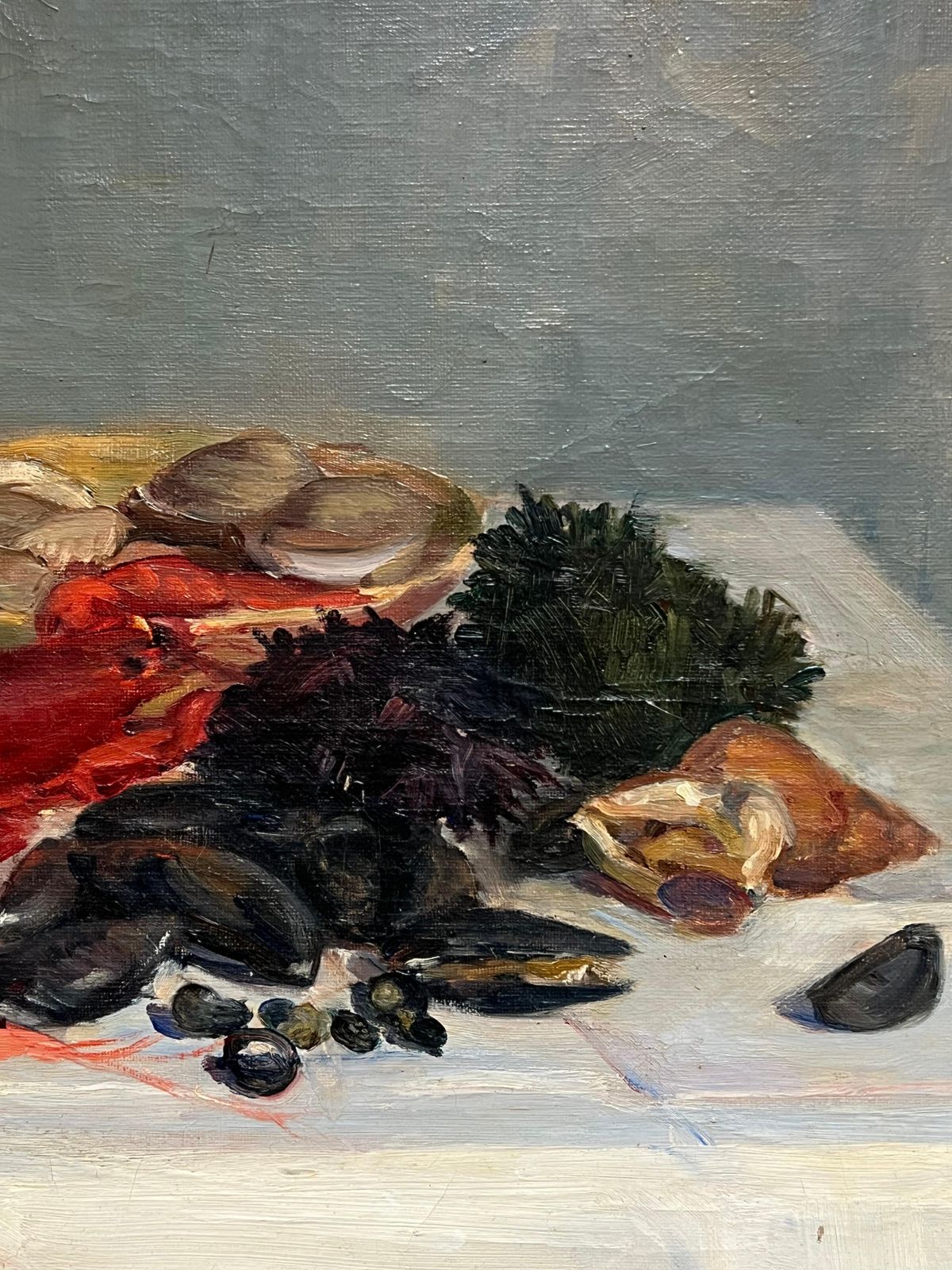 French School1930's French Signed Oil Still Life Fish Supper & Bottle Of Wine Table Top photo buy
