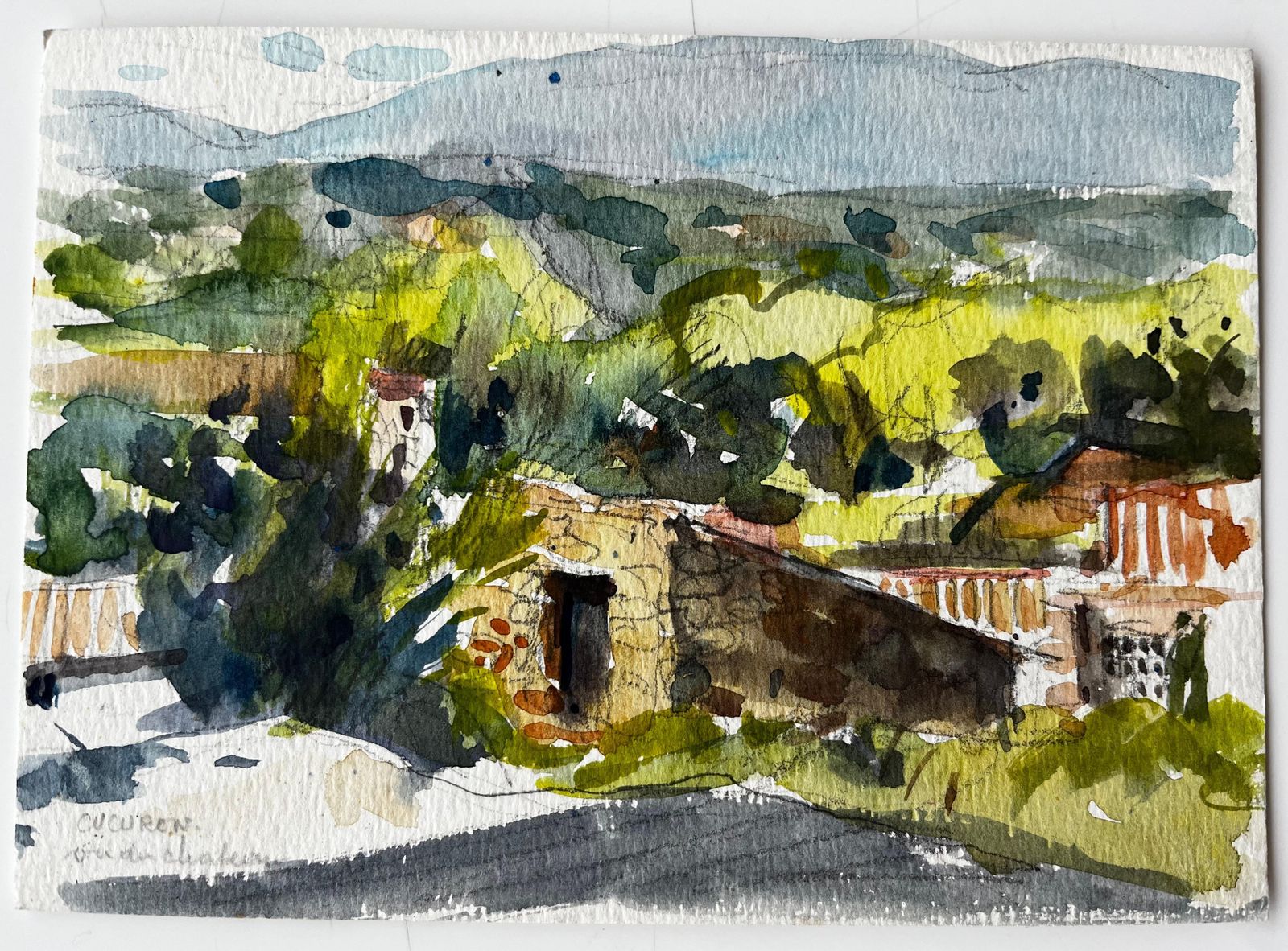 Pierre Neveuprovence Hillside Village Landscape Watercolor French Post Impressionist photo furniture