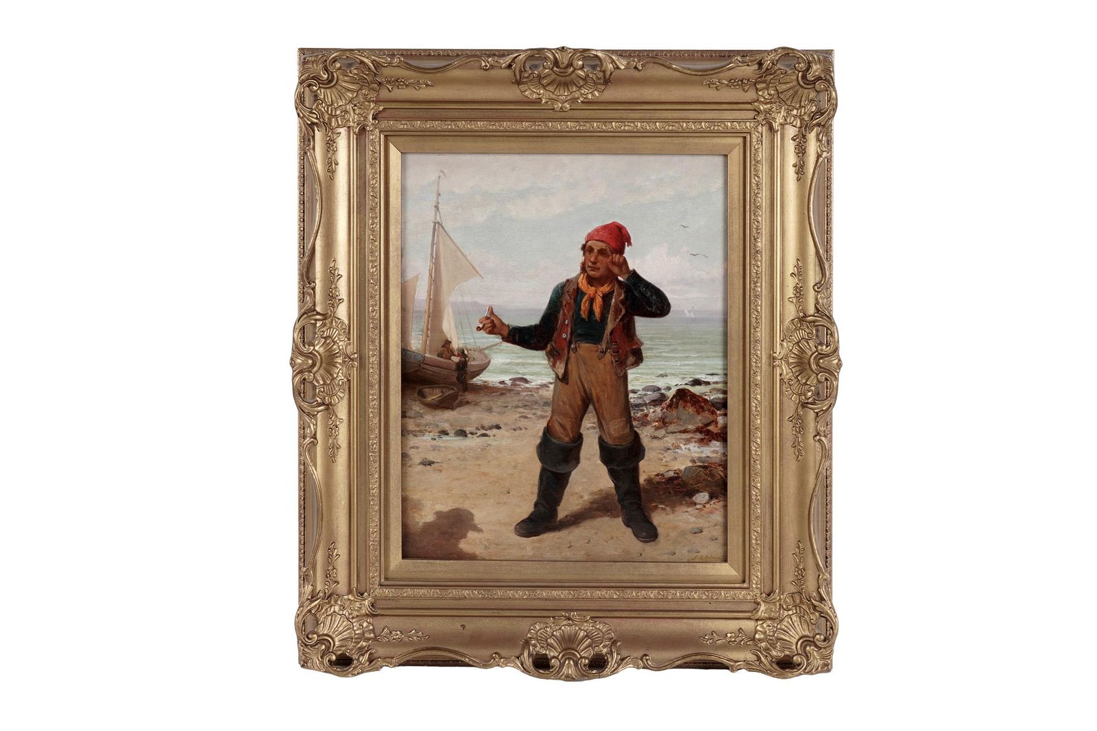 James Seymour Adamsfine 1880's British Signed Oil Painting Old Fisherman Sailor Standing On Beach photo furniture