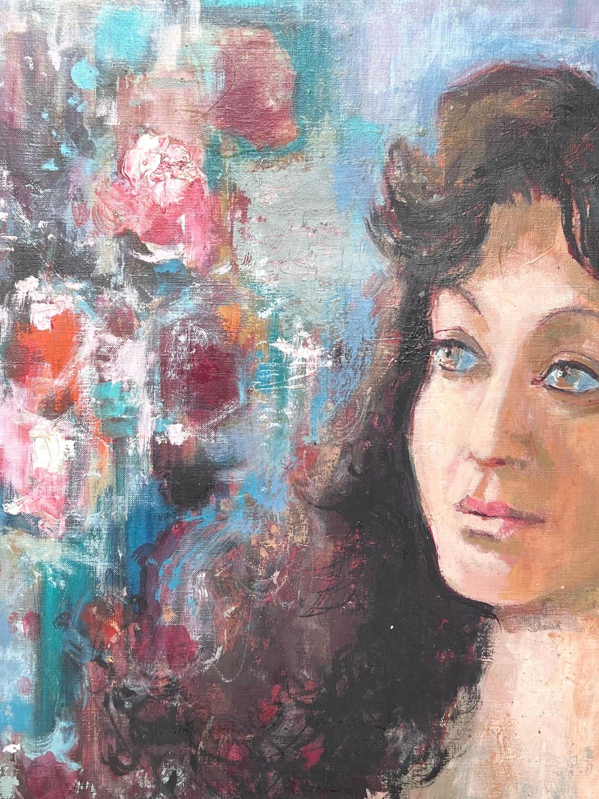 French Mid 20thlarge French 20th Century Oil Painting Portrait Of Young Woman, Signed photo for sale
