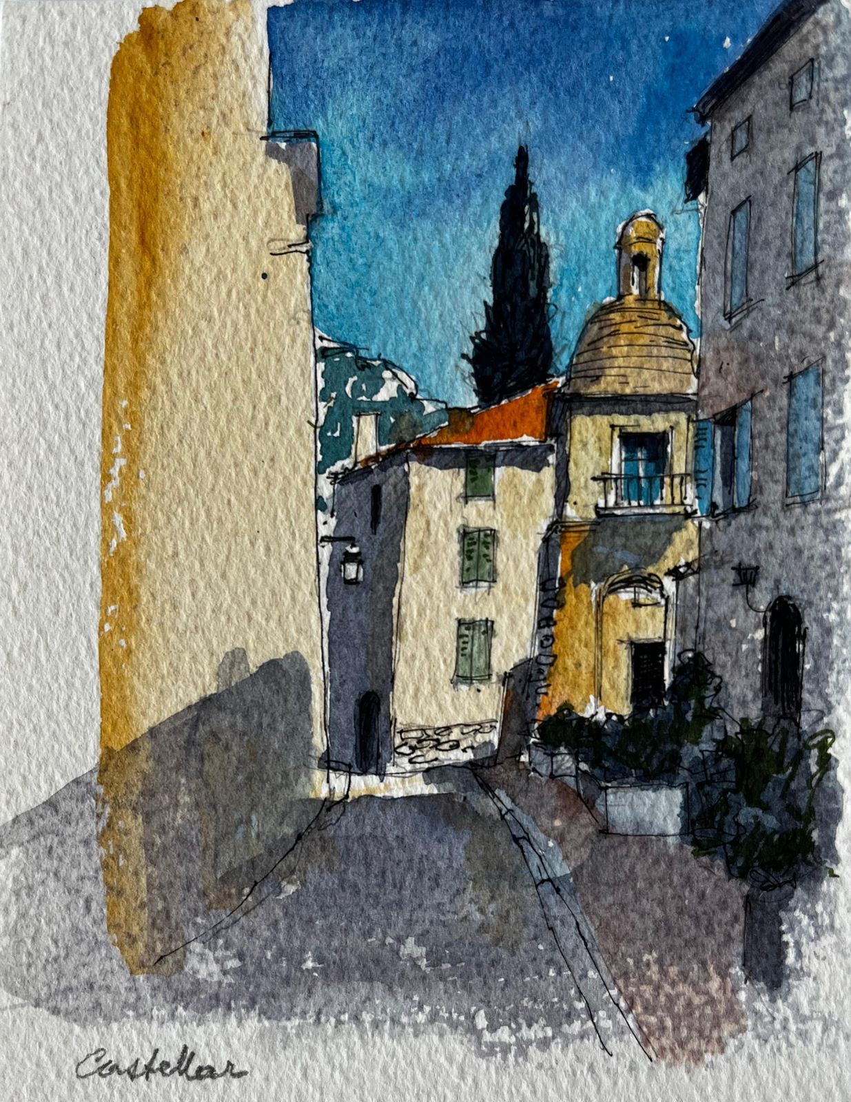 Pierre Neveucastellar Village Street Scene Provence Watercolour French Post Impressionist