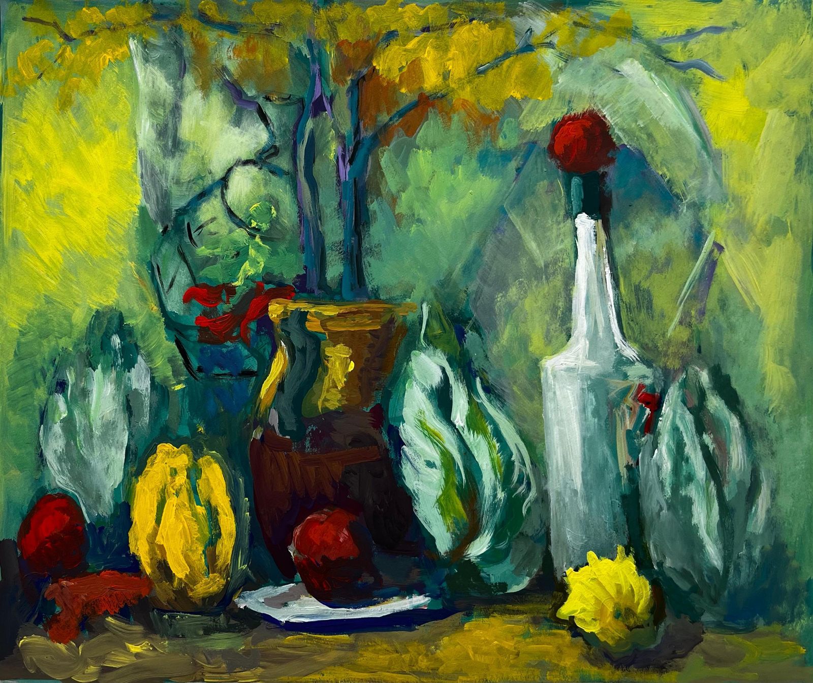 Guy Nicodlush French Modernist Still Life With Bottle Lemons Cabbage Leaves