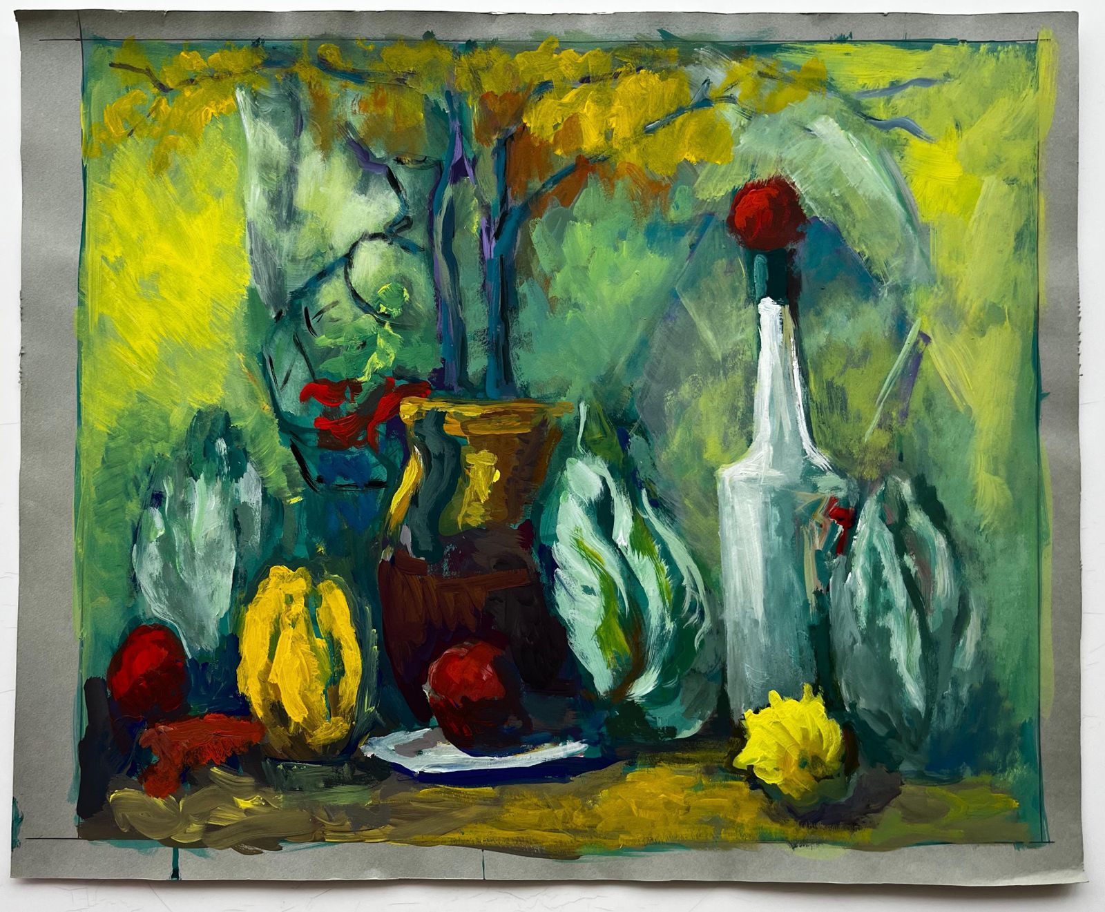 Guy Nicodlush French Modernist Still Life With Bottle Lemons Cabbage Leaves photo furniture