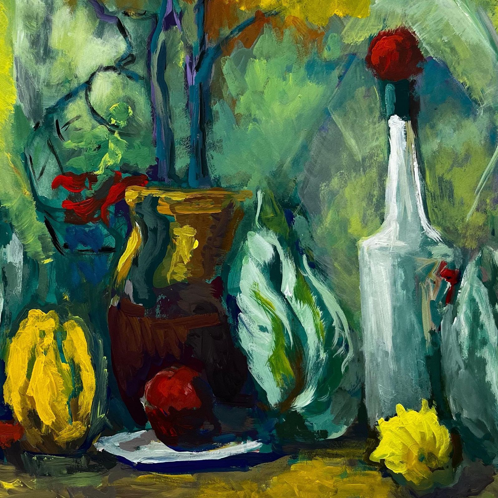 Guy Nicodlush French Modernist Still Life With Bottle Lemons Cabbage Leaves photo vintage