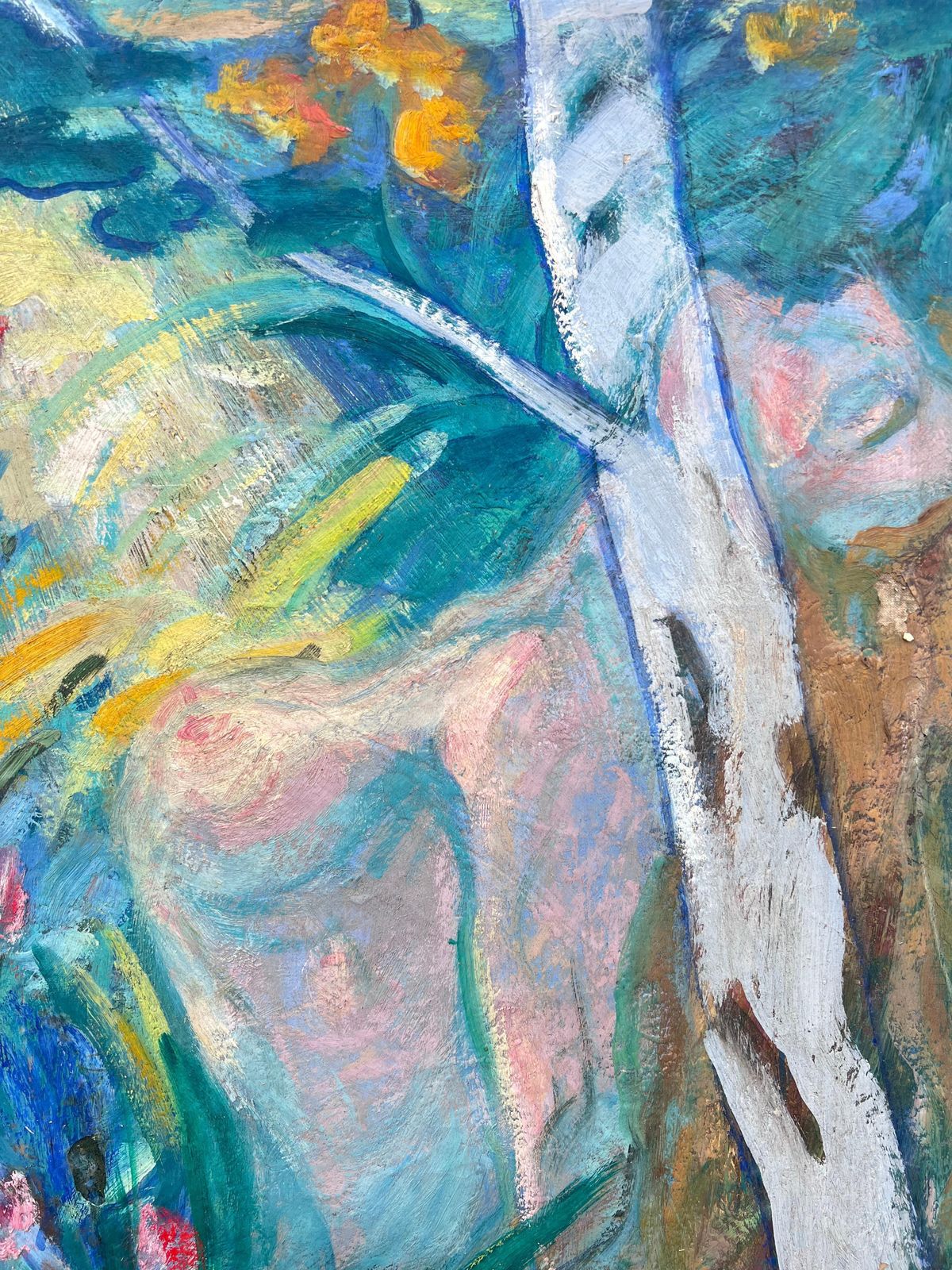 Huguette Baudrothuge Mid Century French Modernist Oil Painting Nude Woman In Lush Wooded Garden photo for sale
