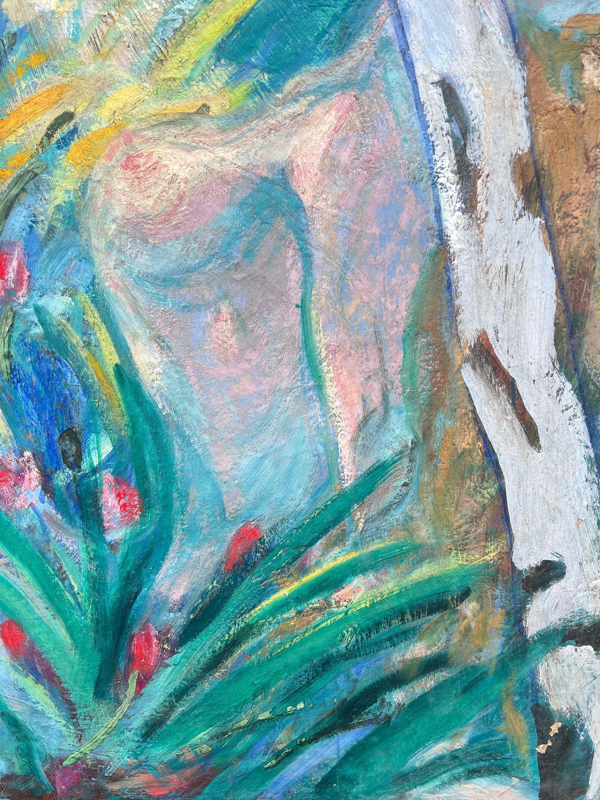 Huguette Baudrothuge Mid Century French Modernist Oil Painting Nude Woman In Lush Wooded Garden photo Art