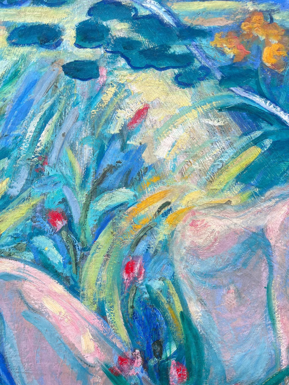 Huguette Baudrothuge Mid Century French Modernist Oil Painting Nude Woman In Lush Wooded Garden photo 1733.0