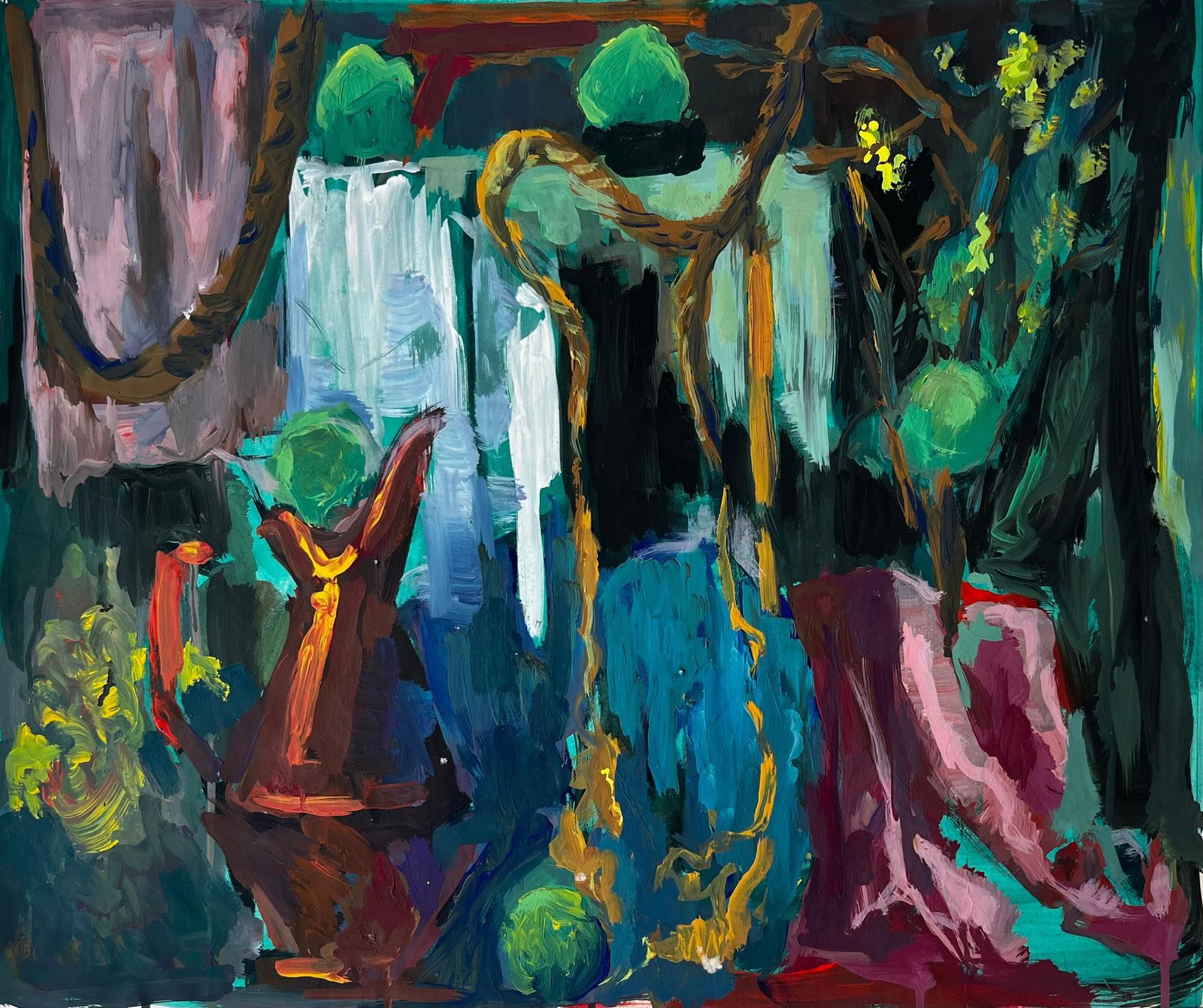 Guy Nicodabstract Still Life With Teapot Rope And Green Orbs French Modernist Gouache