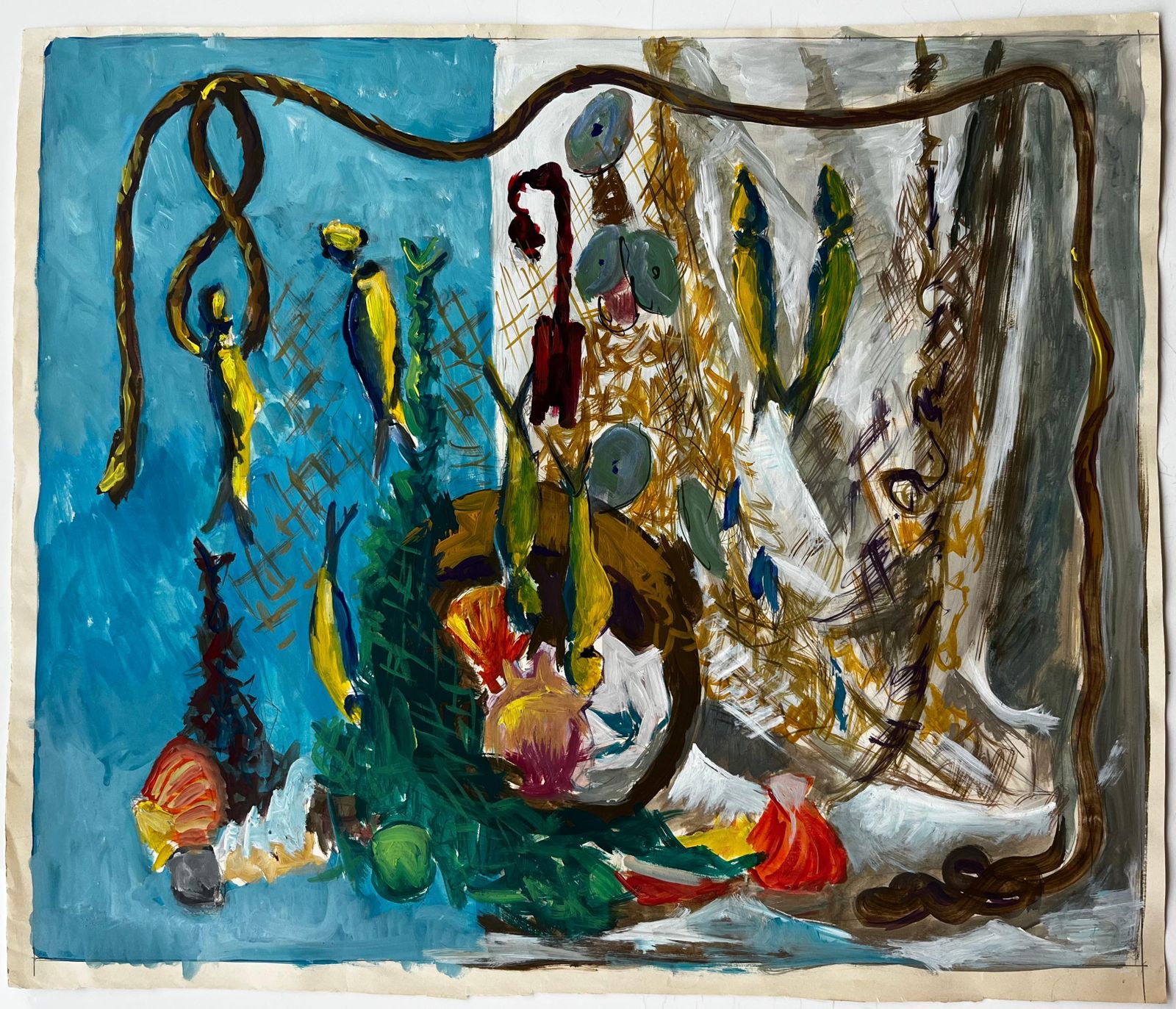 Guy Nicodstill Life With Fish Shells And Fishing Net French Modernist Gouache photo furniture