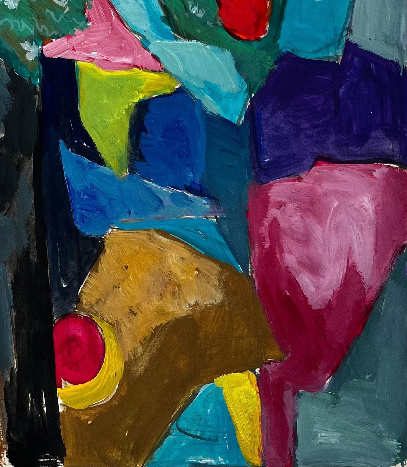 Guy Nicod Abstract Still Life With Yellow Vase Red Curtain And Blue Flowers French Gouache photo 550.0