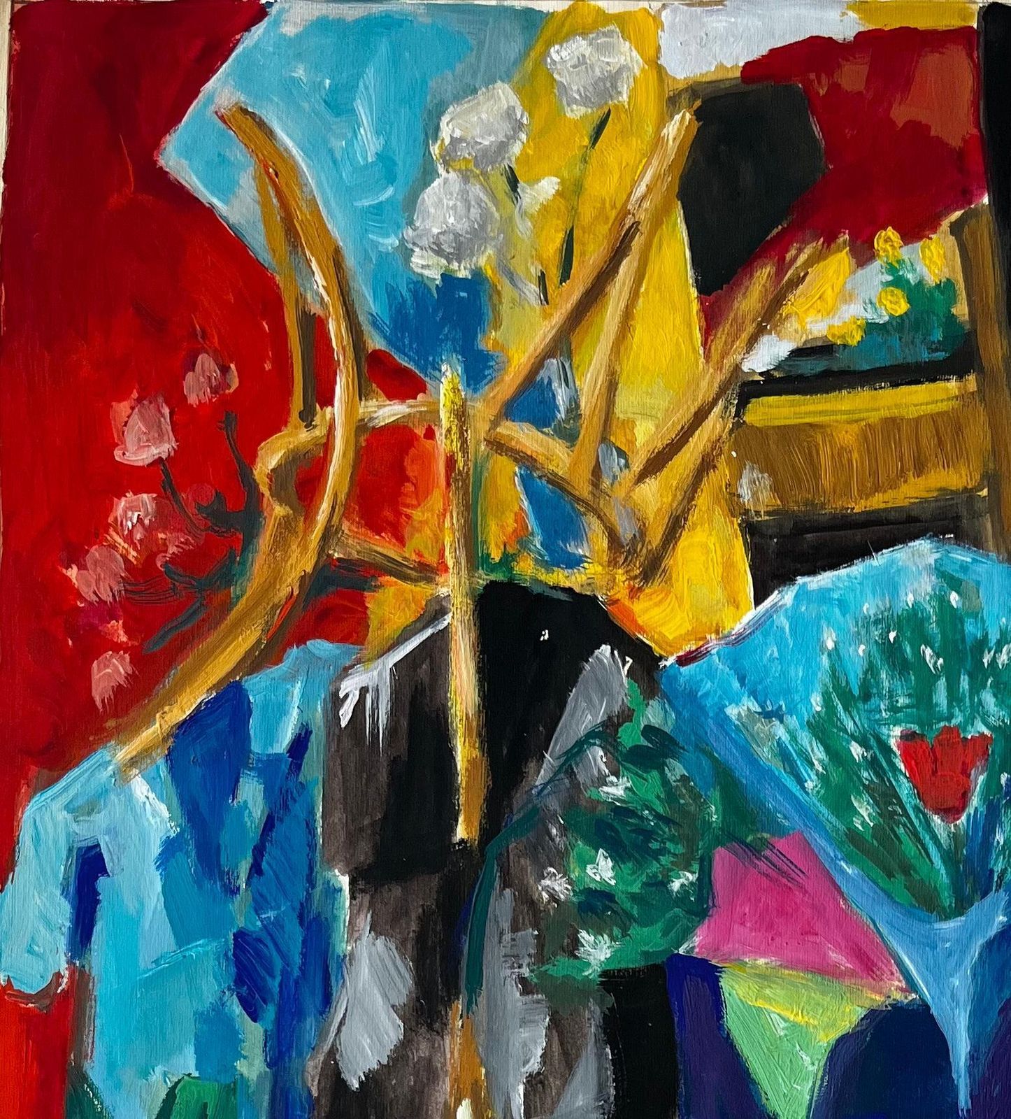 Guy Nicodabstract Cubist Still Life With Flowers Vase And Red Curtain French Gouache photo for sale