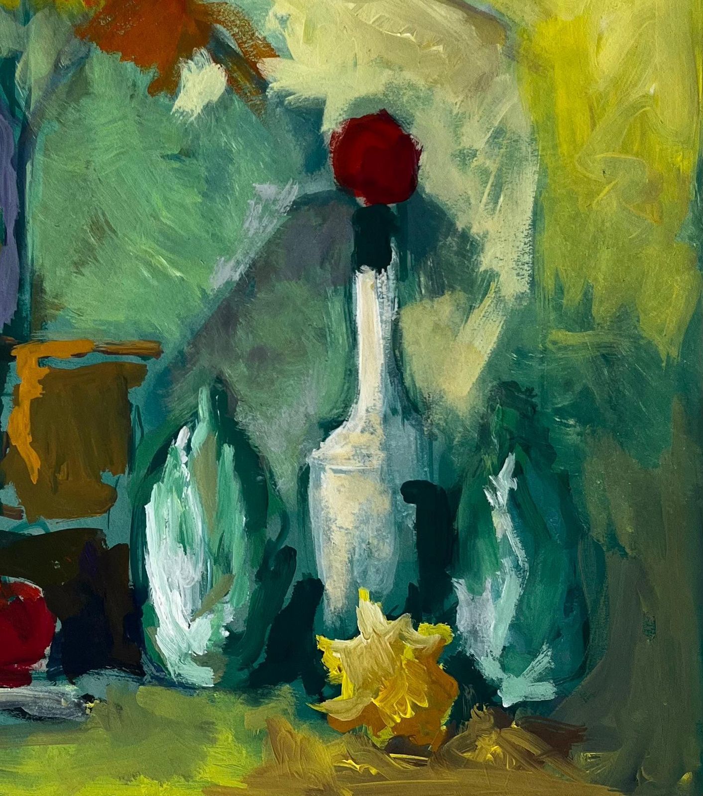 Guy Nicodstill Life With Yellow Flowers Bottle And Autumn Leaves French Modernist Gouache photo Art