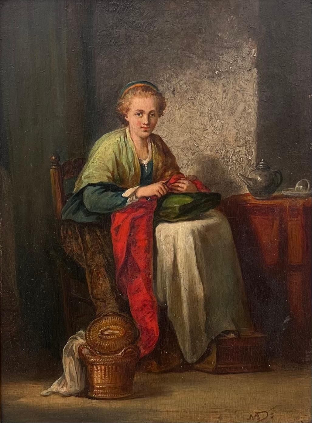 French 19th Century Oil Fine French Antique Oil Painting Panel Lady Seated In Cottage Interior Knitting photo furniture