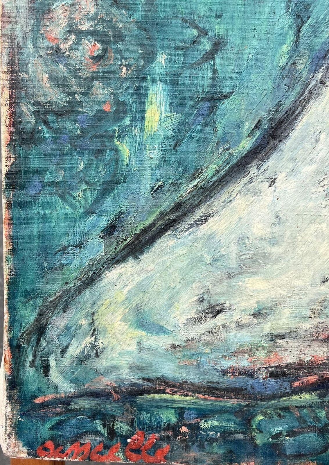 1960's Frenchsuperb Original 1960's French Modernist Signed Oil Painting Figurative Blues photo vintage