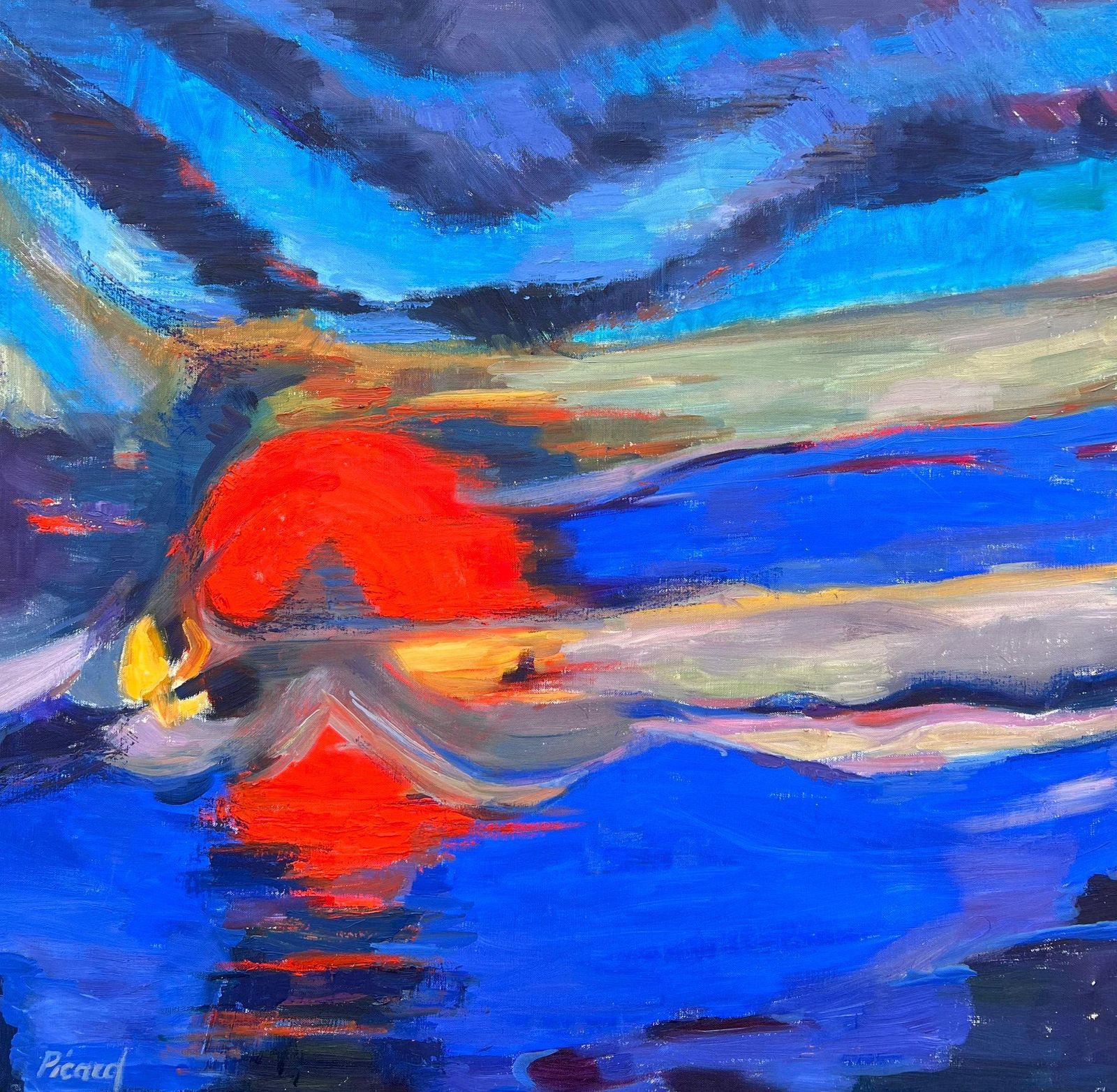 Evelyne Picardhuge French Contemporary Abstract Composition Painting Red Sunset Blue Skies