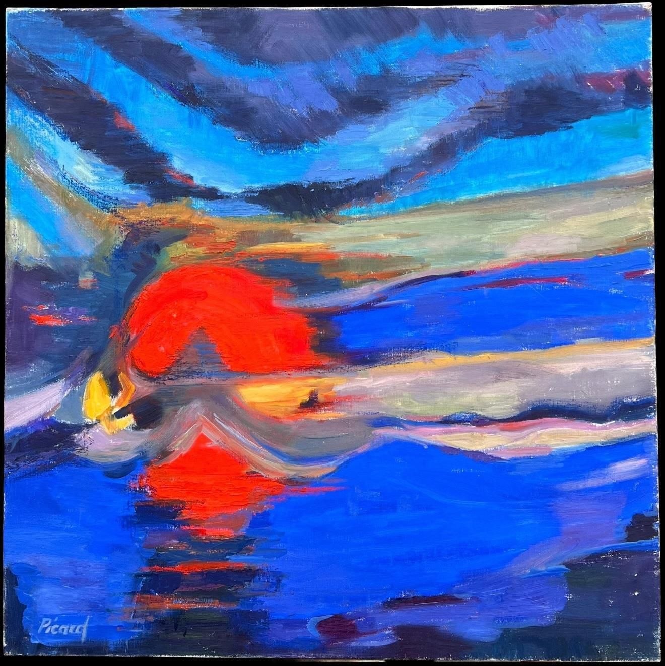 Evelyne Picardhuge French Contemporary Abstract Composition Painting Red Sunset Blue Skies photo furniture