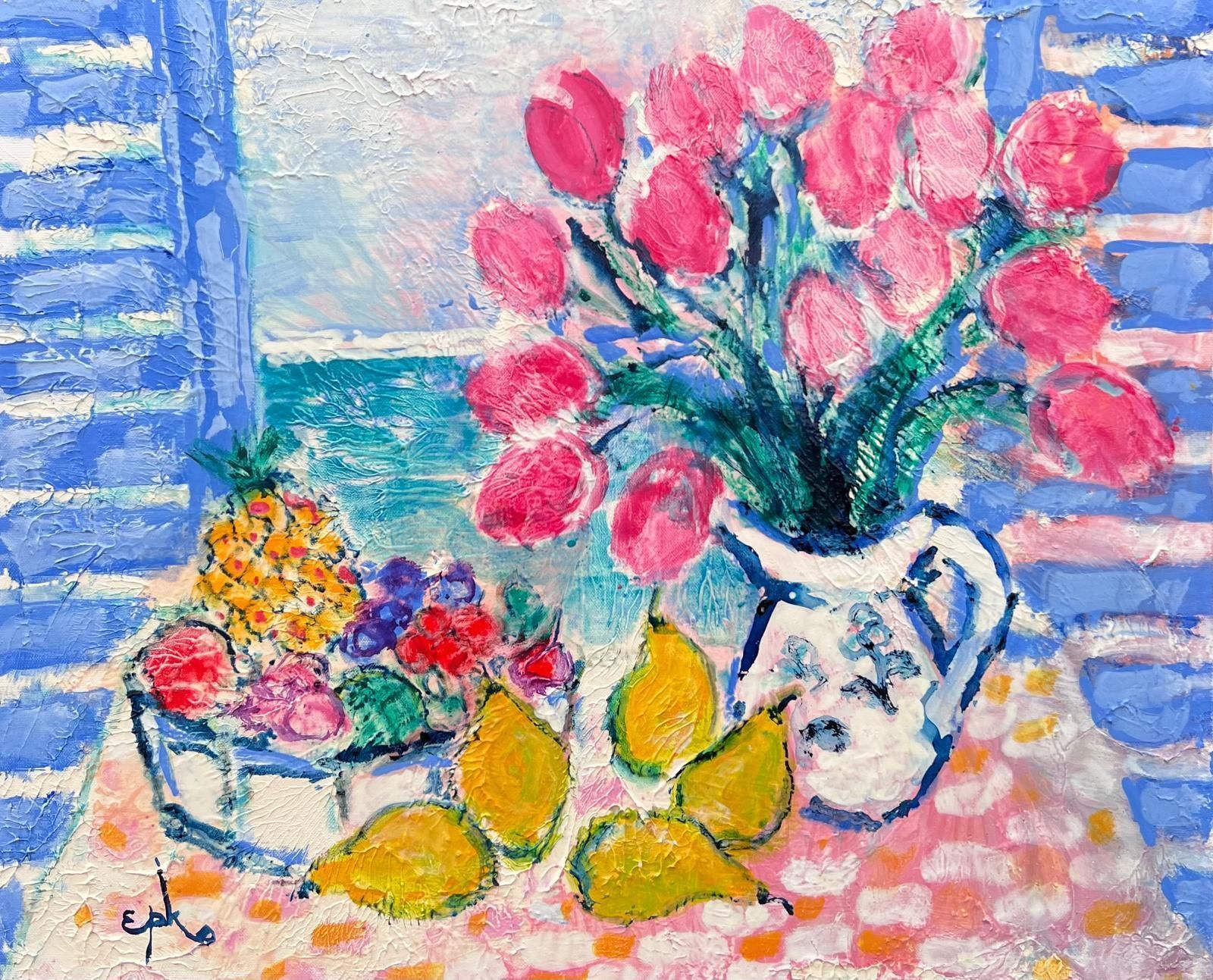 French Modernisttulips & Lemons In Sunny Window Mediterranean Sea Signed French Oil Painting
