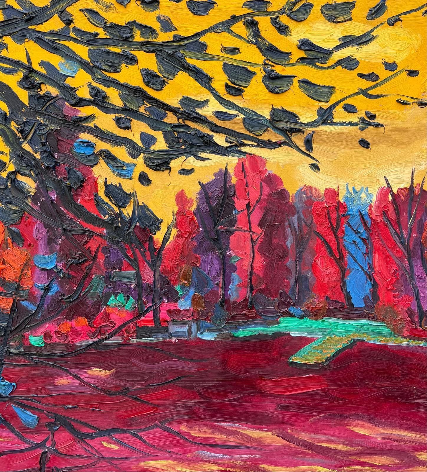 French Modernist1990's French Modernist Signed Oil The Lake At Enghien Colorful Trees photo Art
