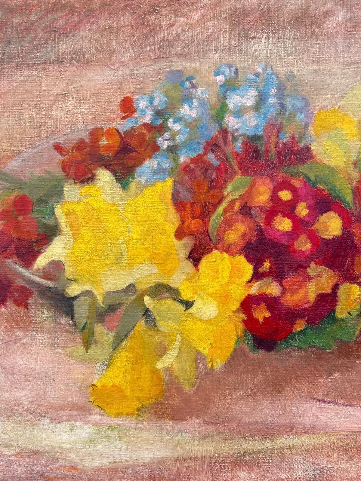 Simone Perraultbeautiful Vintage French Oil Painting Still Life Flowers On Table Top, Large Oil photo vinterior