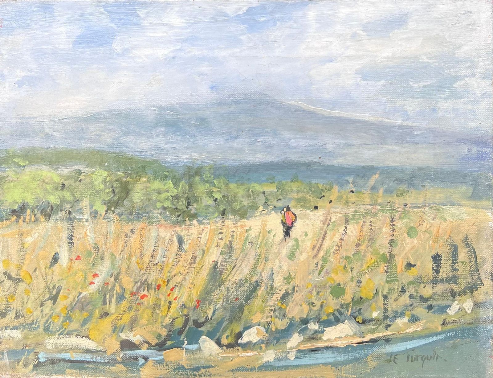 Jean Eric Turquin1950's French Signed Oil Painting Figure Walking Wild Flower Meadows