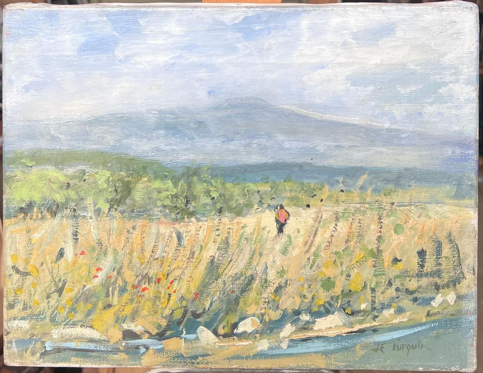 Jean Eric Turquin1950's French Signed Oil Painting Figure Walking Wild Flower Meadows photo furniture