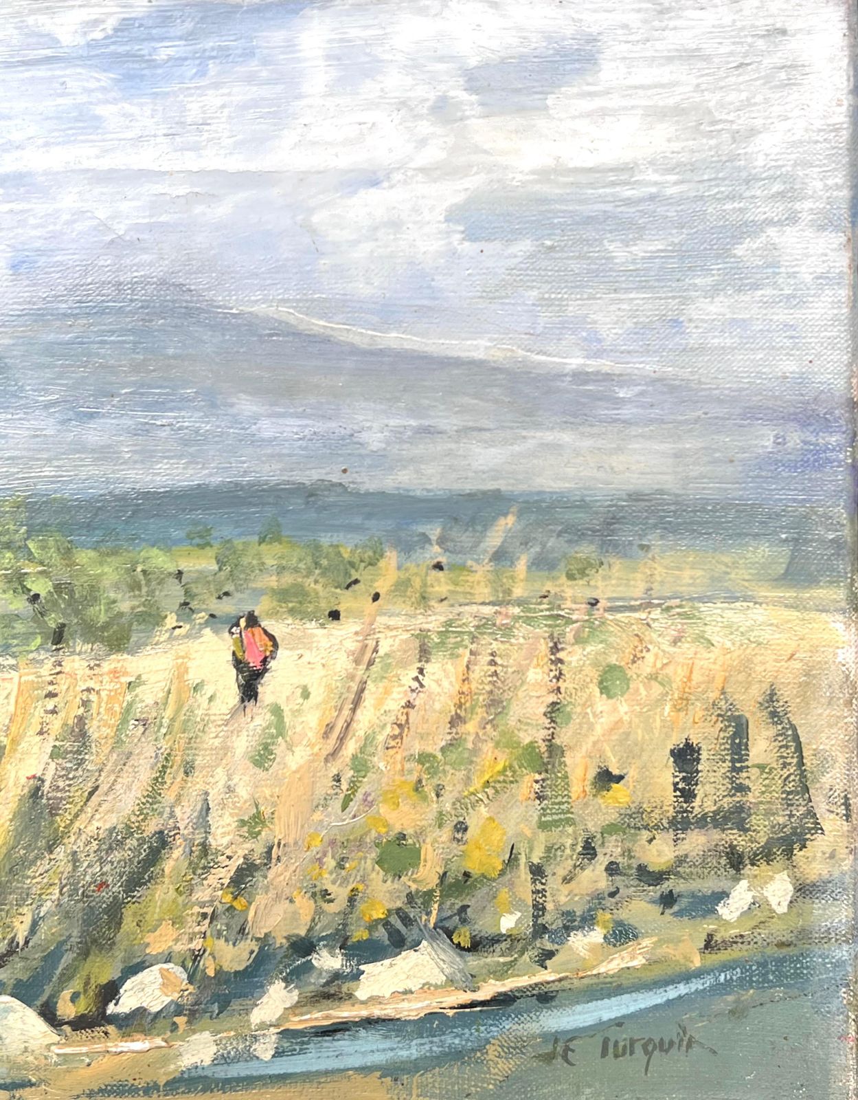 Jean Eric Turquin1950's French Signed Oil Painting Figure Walking Wild Flower Meadows photo Art