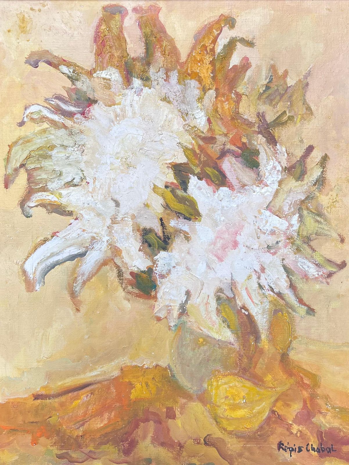 Regis Chaballarge French 20th Century Post Impressionist Signed Oil Sunflowers Still Life photo Art