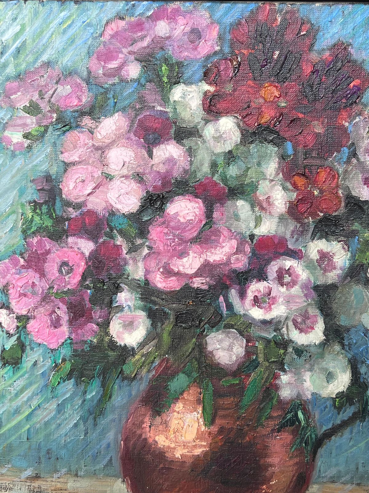 Nelly Cathala Mongoin (1916)fine Mid 20th Century French Still Life Oil Painting Flowers In Copper Pitcher photo for sale