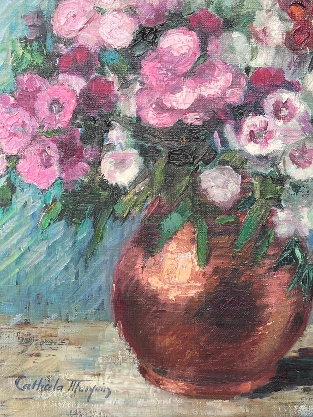 Nelly Cathala Mongoin (1916)fine Mid 20th Century French Still Life Oil Painting Flowers In Copper Pitcher photo buy