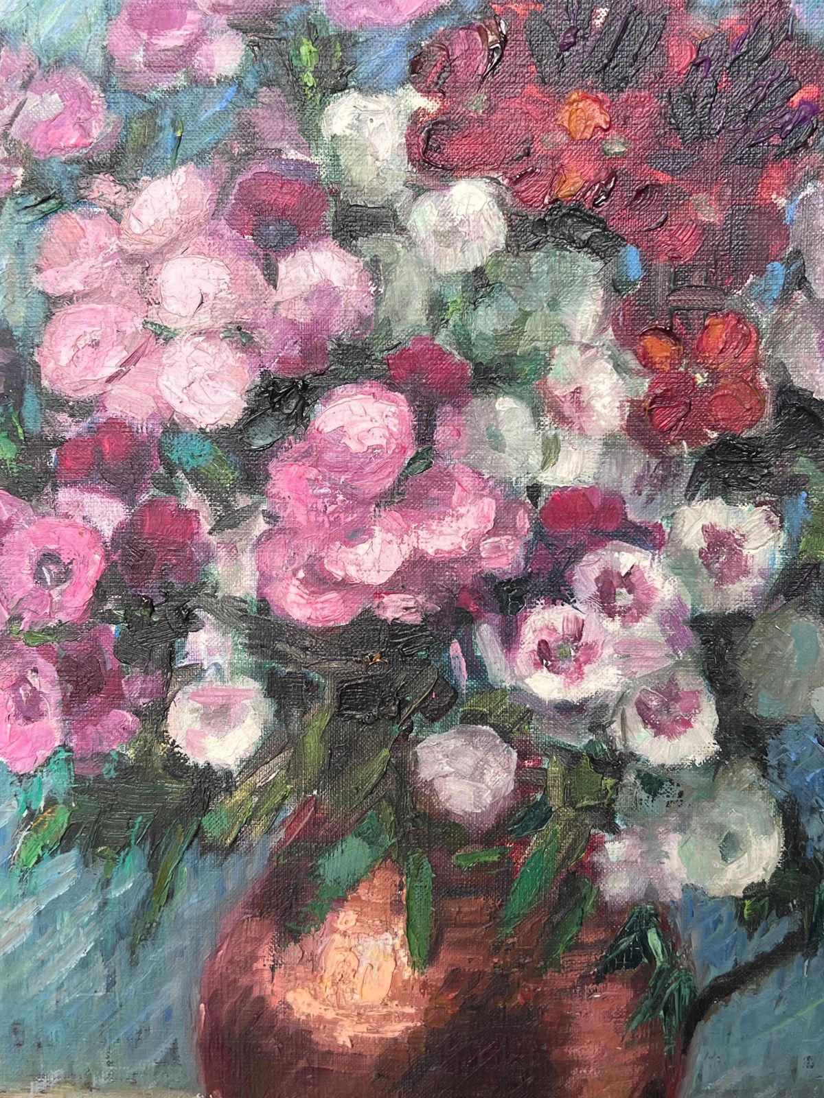 photo furniture Nelly Cathala Mongoin (1916)fine Mid 20th Century French Still Life Oil Painting Flowers In Copper Pitcher